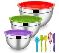 Herogo 3 Pcs Mixing Bowls with Airtight Lids & 5-Piece Silicone Accessories