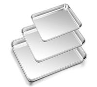 Herogo Baking Tray Set of 3, Stainless Steel Oven Tray Set, Professional Baking Roasting Cooking Serving Sheet Pan for Home Restaurant Hotel, Non-Toxic & Mirror Finish, Dishwasher Safe, Metal Silver