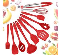 Herogo Kitchen Utensils Set, 10 Pcs Silicone Cooking Utensils Set for Baking, Non-Stick & Heat Resistant Cookware Include Spatula Whisk Spoon Turner Tongs, Non-toxic & Dishwasher Safe, Red