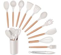 Herogo Kitchen Utensils Set, 12 Pieces Silicone Cooking Utensil with Holder, Heat Resistant Wooden Handle Spatula Turner Spoon for Non-Stick Cookware Pan, Easy to Clean, Khaki