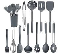 Herogo Kitchen Utensils Set, 12 Pieces Silicone Cooking Utensils with Stainless Steel Handle, Heat Resistant Cooking Tools Turner Spoon Spatula Set with Holder, Easy to Clean - Grey