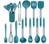 Herogo Kitchen Utensils Set, 12 Pieces Silicone Cooking Utensils with Stainless Steel Handle, Heat Resistant Cooking Tools Turner Spoon Spatula Set with Holder, Easy to Clean - Blue