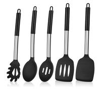 Herogo Kitchen Utensils Set, 5 Pieces Silicone Cooking Utensil with Stainless Steel Handle, Heat Resistant Kitchen Cooking Tools Turner Spoon Spatula for Nonstick Cookware Pan - Black