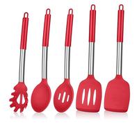 Herogo Kitchen Utensils Set, 5 Pieces Silicone Cooking Utensil with Stainless Steel Handle, Heat Resistant Kitchen Cooking Tools Turner Spoon Spatula for Nonstick Cookware Pan - Red