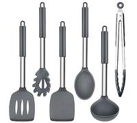 Herogo Kitchen Utensils Set, 6-Piece Silicone Cooking Utensil Set, Heat Resistant Stainless Steel Handle Cooking Tools, Non-Stick Silicone Spatula Turner Spoon Set, Easy to Clean - Grey