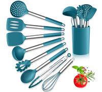 Herogo Kitchen Utensils Set, 9-Piece Silicone Cooking Utensil with Stainless Steel Handle, Heat Resistant Kitchen Cooking Spatula Turner Spoon with Holder, Non-Stick, Easy to Clean - Blue