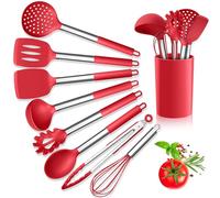 Herogo Kitchen Utensils Set, 9-Piece Silicone Cooking Utensil with Stainless Steel Handle, Heat Resistant Kitchen Cooking Spatula Turner Spoon with Holder, Non-Stick, Easy to Clean - Red