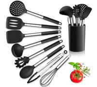 Herogo Kitchen Utensils Set, 9-Piece Silicone Cooking Utensil with Stainless Steel Handle, Heat Resistant Kitchen Cooking Spatula Turner Spoon with Holder, Non-Stick, Easy to Clean - Black