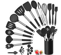 Herogo Silicone Kitchen Utensils Set, 25 Pcs Cooking Utensil with Holder, Heat Resistant Kitchen Tools with Stainless Steel Handle for Non-Stick Cookware, Turner Spatula Spoon Tong Brush Whisk, Black