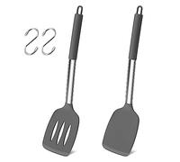 Herogo Silicone Spatula Turner, 2 Pcs Stainless Steel Cooking Spatula with S Hooks for Egg, Fish, Pancake, Meat, Non Stick Kitchen Utensils for Baking, Heat Resistant & Dishwasher Safe, Grey