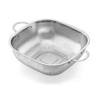 Herogo Stainless Steel Colander, 24 cm Square Metal Kitchen Colanders with Handle, Micro-Perforated Strainer for Draining Food Pasta Fruit Vegetable, Smooth Edge and Elevated Feet, Dishwasher Safe