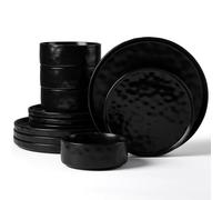 Herogo Stoneware Dinner Set for 4 People, Plates and Bowls, Matte Black | 12 Piece Dinnerware for Home Dining, Microwave and Dishwasher Safe, Chip and Scratch Resistant, Ripple Surface