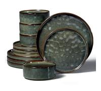 Herogo Stoneware Dinner Set for 4 People, Plates and Bowls, Moss Green | 12 Piece Reactive Glaze Dinnerware for Home Dining, Microwave and Dishwasher Safe, Chip and Scratch Resistant, Ripple Surface