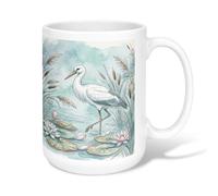 Heron Ceramic Coffee Mug, Nature Serene Lilies Reeds Spring Teal Novelty Tea Cup with Handle Ideal for Friends Family Coworkers Teachers Couples Employees 15 Oz