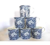 Heron Cross Pottery "Abbeydale Collection" Set of 6 China Palace Mugs in Blue Calico Design