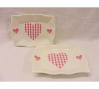 Heron Cross Pottery Pair of pink valentine gingham heart soap trays.