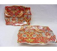 Heron Cross Pottery Set of two William Morris red birds tapestry design soap trays.