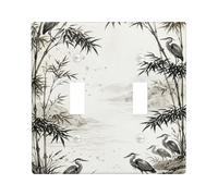 Heron Double Light Switch Cover Plate, Asian Nature Plant Water Black Plastic Standard Size Wall Switch Plates Accents for Living Room Bedroom Home Office Decor