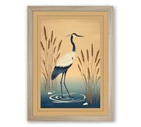 Heron in Shallow Waters Japandi Framed Wall Art Print A4 (29.7×21cm) Oak, Wall Decor for Living Room, Bedroom, Office & Home, Ready to Hang, Art Gift