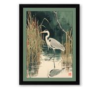 Heron in Still Waters Japandi Framed Wall Art Print A2 (59.4×42cm) Black, Wall Decor for Living Room, Bedroom, Office & Home, Ready to Hang, Art Gift