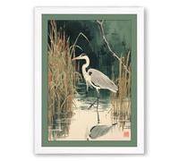 Heron in Still Waters Japandi Framed Wall Art Print A2 (59.4×42cm) White, Wall Decor for Living Room, Bedroom, Office & Home, Ready to Hang, Art Gift