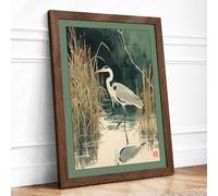 Heron in Still Waters Japandi Framed Wall Art Print A2 Walnut