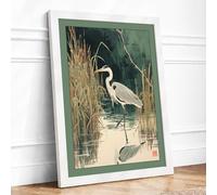 Heron in Still Waters Japandi Framed Wall Art Print A3 (42×29.7cm) White, Wall Decor for Living Room, Bedroom, Office & Home, Ready to Hang, Art Gift