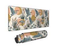 Heron Large Mouse Pad, Nature Illustrative Lilies Pad Bulrush Summer Teal Rubber Non Slip Keyboard and Mousepad Idea for Home Office Desk Laptop Gamers Gift 16x36 Inch