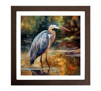 Heron Neo-Impressionism Framed Print | 18x18 Inch Walnut Framed Wall Art | Ready to Hang | Impressionist Animal Picture | Living Room Bedroom Lounge Office