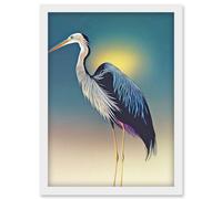 Heron Sunrise Bird Illustration Artwork Framed Wall Art Print A4 Artery8 White One Size