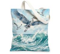 Herons Bird Canvas Tote Bag for Shopping 13 * 15, Cool Sea Ocean Waves Scenery Reusable Grocery Bag for Women, Animal Travel Pattern Gift Decoration