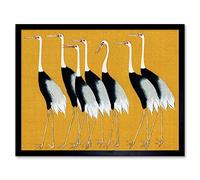 Wee Blue Coo Herons Cranes Flock Birds Ogata Korin Vintage Monochrome Illustration Mustard Yellow Art Print Framed Poster Wall Decor 12x16 inch