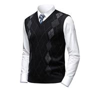 Herothorn Men's Business Sleeveless Sweater Vest Slim Fit Wool Knitted Gilets Jumper Gentleman Argyle V-Neck Pullover Tank Top for Autumn Winter B-Black