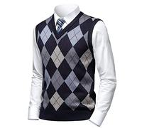 Herothorn Men's Thick Argyle Sweater Vests Classic V-Neck Knitwear Jumper Waistcoat Wool Blend Sleeveless Cardigan with Buttons Warm Plaid Tank Tops Autumn Winter