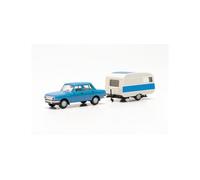Herpa model car Wartburg 353 '82 sedan with Qek trailer, sky blue, 1:87 scale miniature, collector’s item, Made in Germany, plastic model