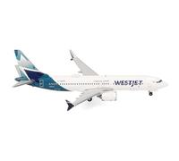 herpa 537803 Model Aircraft Westjet Boeing 737 Max 8 - C-GRAG, Miniature Scale 1:500, Collectable, Model without Base, Metal Miniature Model, White, Blue