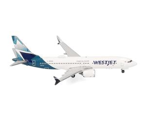 herpa 537803 Model Aircraft Westjet Boeing 737 Max 8 - C-GRAG, Miniature Scale 1:500, Collectable, Model without Base, Metal Miniature Model, White, Blue