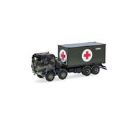 Herpa Model Truck Iveco Trakker 8x8 with 20 ft container "Bundeswehr/Red Cross", miniature scale 1:87, collectible, Made in Germany, plastic
