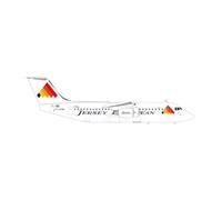 Herpa airplane model Jersey European Airways British Aerospace Bae 146-300 - G-JEAM on a scale of 1 : 200, metal miniature with pedastal, model building, collectors edition