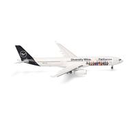 Herpa airplane model Lufthansa Airbus A330-300 "Fanhansa - Diversity Wins" - D-AIKQ on a scale of 1 : 200, plastic miniature with pedastal, model building, collectors edition