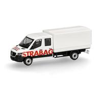Herpa car model Mercedes-Benz Sprinter 18 double cabin tarpaulin "STRABAG" (Vienna/Austria), on a scale of 1:87, plastic miniature, made in Germany, model building, collectors edition