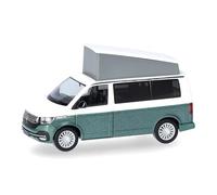 Herpa car model VW T6.1 California, on a scale of 1:87, plastic miniature, made in Germany, model building, Candy white/Bay Leaf Green metallic