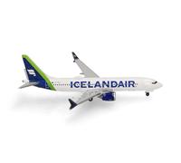 Herpa Model Airplane Icelandair Boeing 737 Max 8 - green tail stripe - TF-ICP "Landmannalaugar", miniature scale 1:500, collectible, airplane model without stand, metal