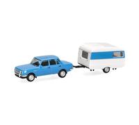Herpa model car Wartburg 353 '82 sedan with Qek trailer, sky blue, 1:87 scale miniature, collector’s item, Made in Germany, plastic model
