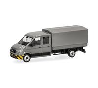 Herpa truck model MAN TGE double cab with flatbed, grey-yellow, miniature in scale 1:87, collector's item, Made in Germany, plastic