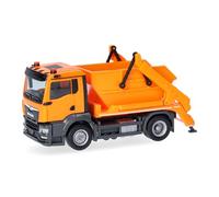 Herpa truck model MAN TGS NN skip loader AK12, on a scale of 1:87, plastic miniature, made in Germany, model building, collectors edition, municipale orange