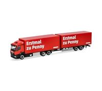 Herpa truck model Mercedes-Benz Classicspace refrigerated box tandem trailer truck "Penny", on a scale of 1:87, plastic miniature, made in Germany, model building, collectors edition