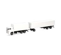 Herpa truck model Scania 141 flat-bed trailer, white, on a scale of 1:87, plastic miniature, made in Germany, model building, collectors edition