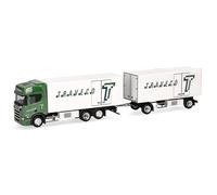 Herpa Truck Model Scania CR20 HD Refrigerated Box Trailer "Traveco" (Switzerland/Sursee), miniature in 1:87 scale, collector's item, Made in Germany, plastic