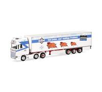 Herpa truck model Scania CS 20 HD refrigerated semitrailer "Kurant Meat", tractor with crane and rear support, miniature at 1:87 scale, collector's item, Made in Germany, plastic